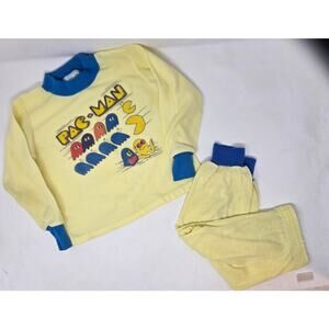 Pac-Man Pajamas Vintage Size 4-5 Long Sleeve Shirt Pant Yellow Blue 1980s Sears